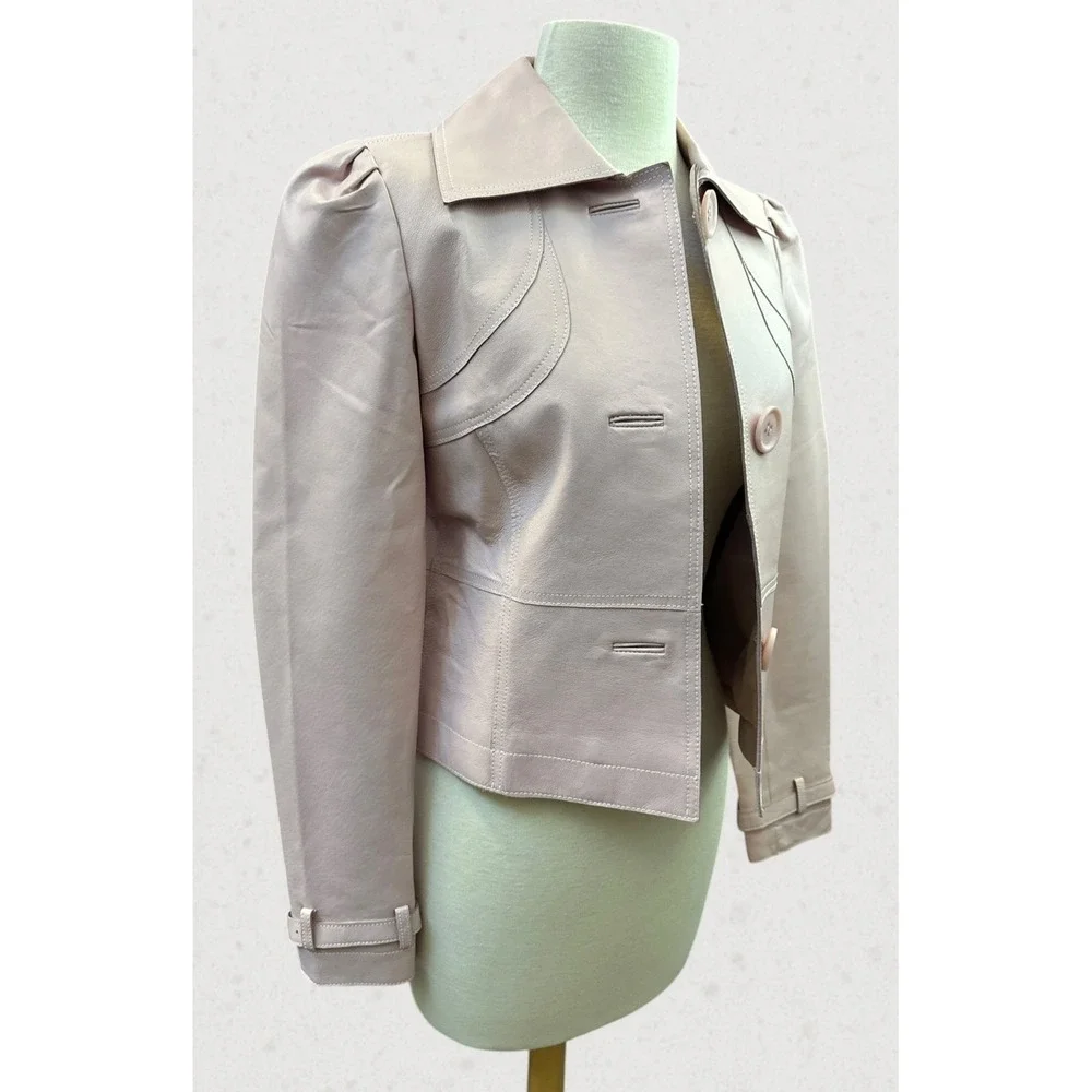 Spiegel Genuine Leather Jacket Pink Blush Puff Sleeve Y2K Cropped Women's Size 4 - Picture 4 of 16